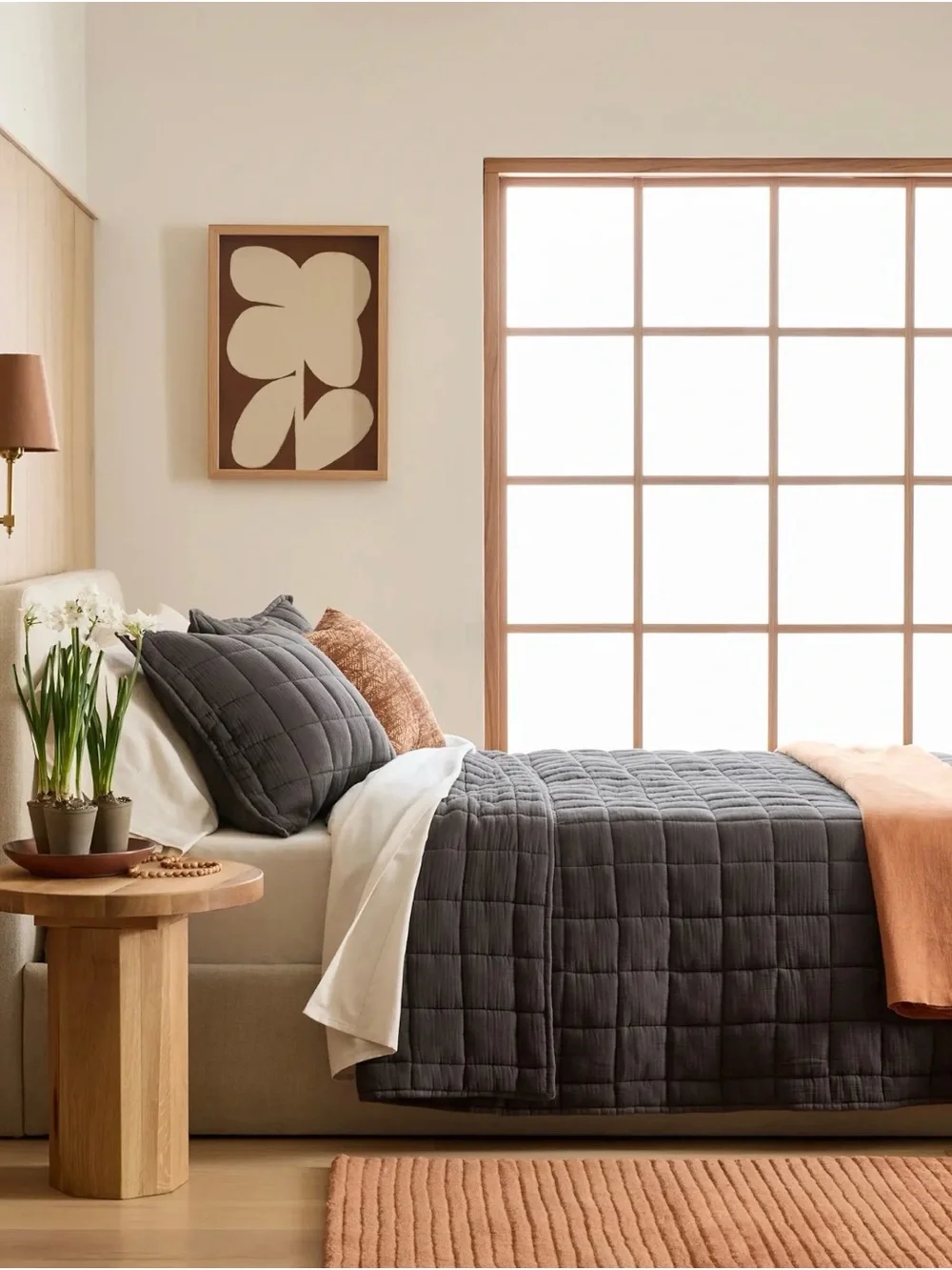 Quince Organic Cotton Gauze Box Quilt in Charcoal, size Queen, NEW